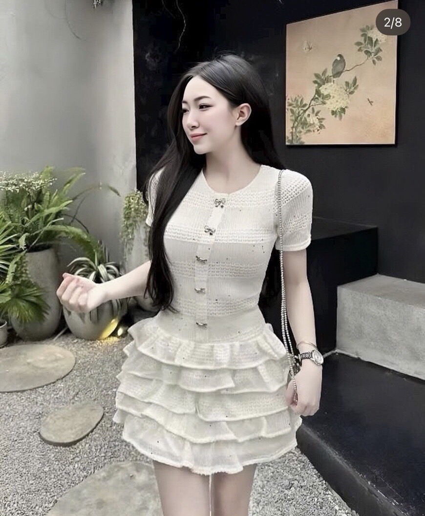 เดรสแฟชั่น เดรสขาวเจ้าหญิงลุคคุณหนูแขนสั้น