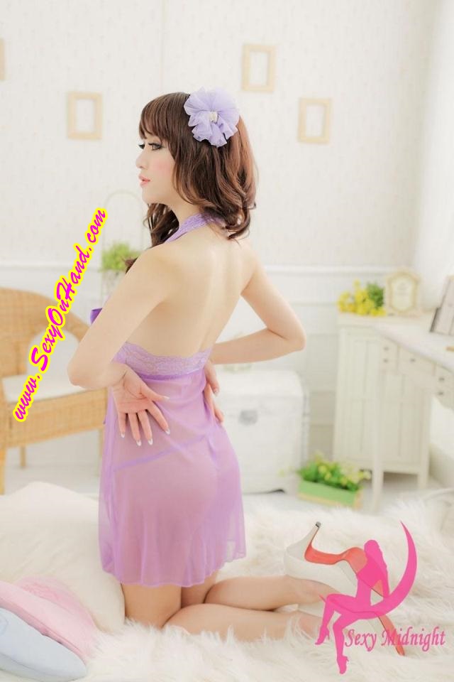 ชุดนอนซีทรู เซ็กซี่ ผ้าลูกไม้คล้องคอ สีม่วงอ่อน เล่นริบบิ้นช่วงต่อกระโปรง เนื้อผ้าบางเบา + จีสตริง เข้าชุด