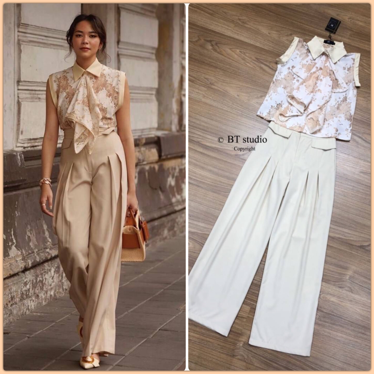 เซทเสื้อแขนกุด ดีเทลผ้าลายฉลุแต่งขอบผ้าสีครีม แต่งผ้าลายฉลุระบายด้านหน้าที่กระดุมเม็ดบน แมทซ์กับกางเกงสีครีมเอวสูง งานสวย หรู ดูไฮคลาสม๊ากจ้า