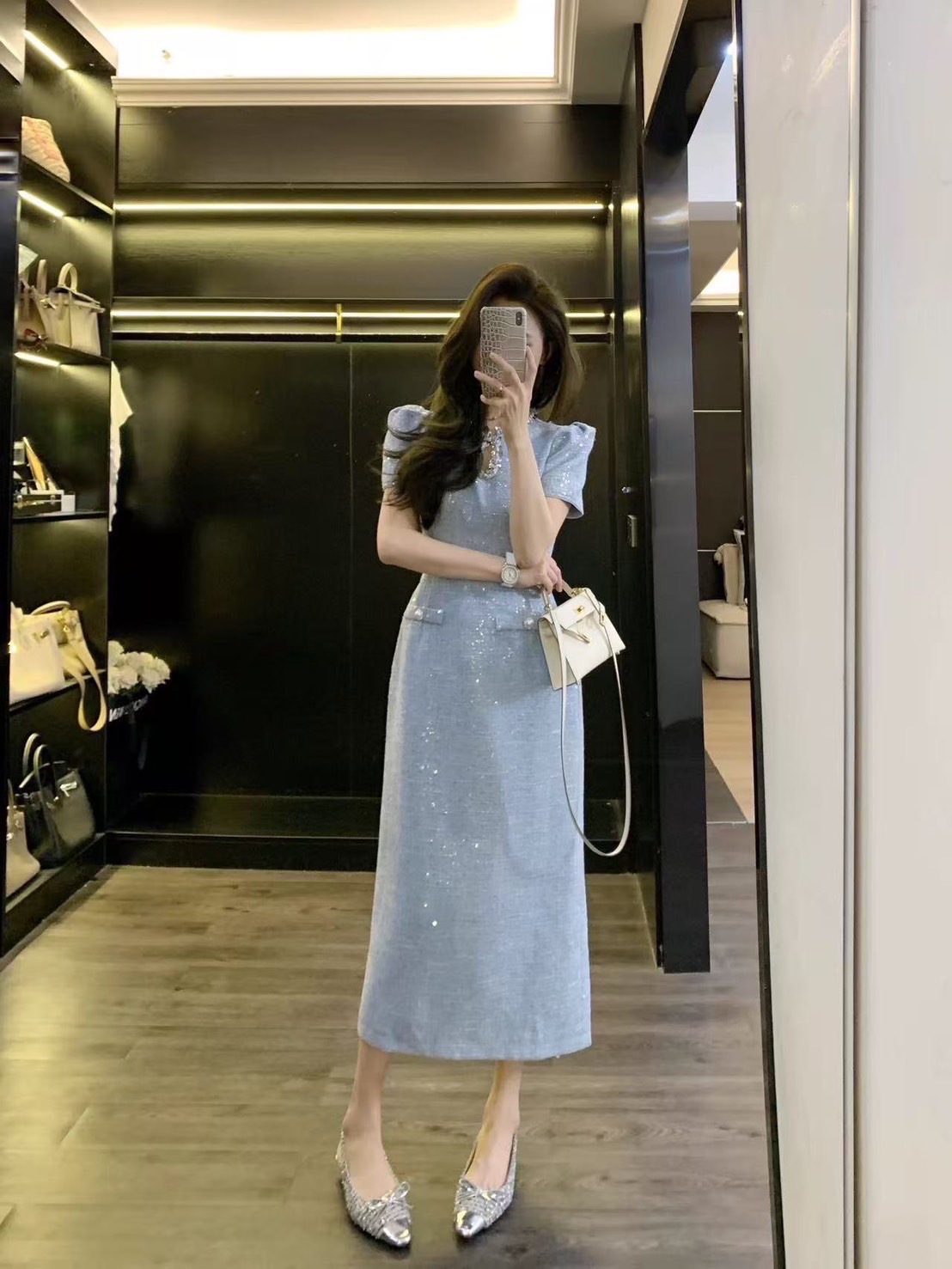 เดรสแฟชั่น เดรสตัวยาวเนื้อผ้าทวีตปักwinkสวยหรูโดดเด่น