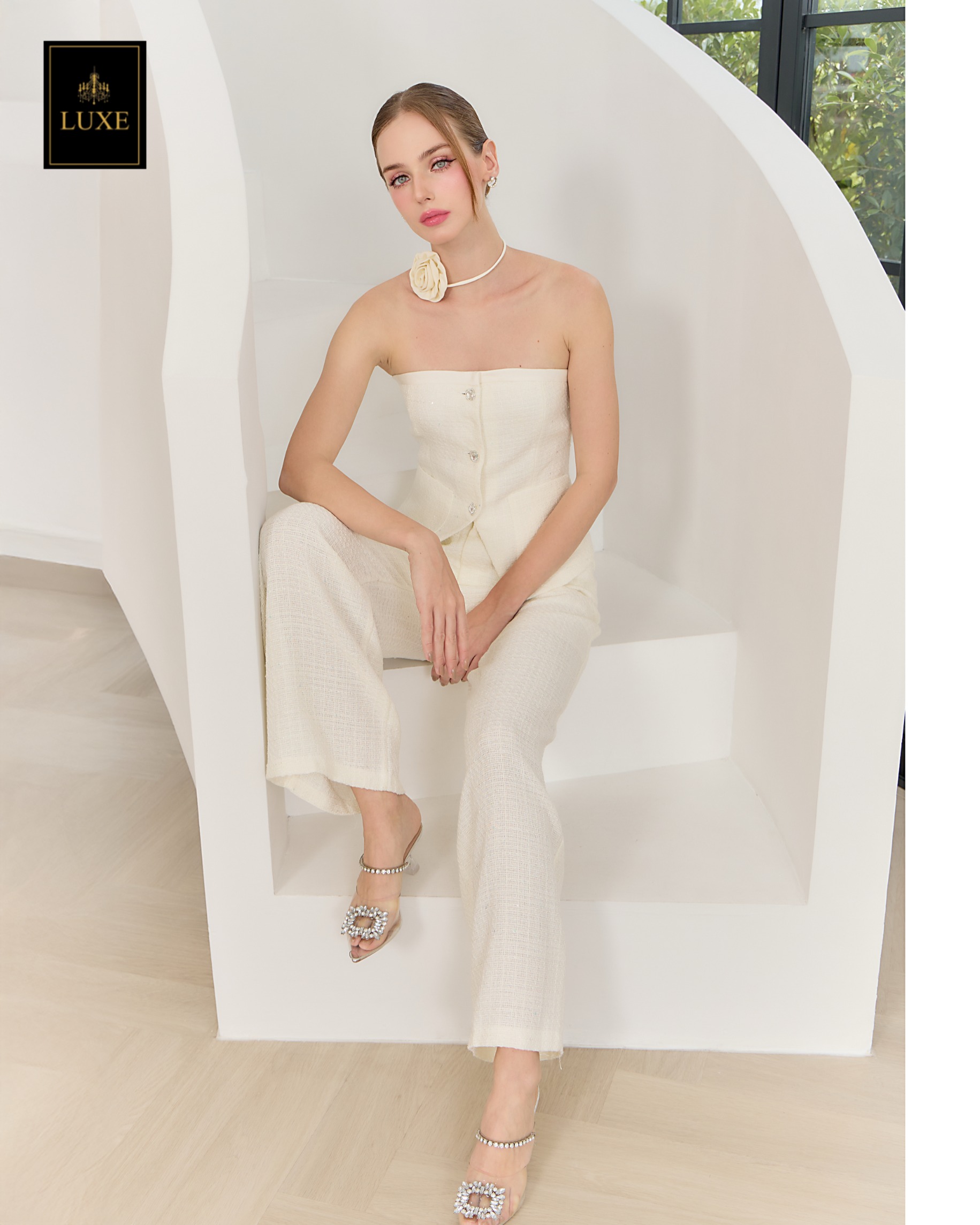 ชุดเซทแฟชั่น เซ็ตเสื้อเกาะอกทรงหลวม+กางเกงเอวสูงขากระบอกกว้าง