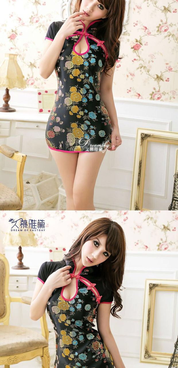 ชุดกี่เพ้าเซ็กซี่ ชุดจีนประยุกต์ กี่เพ้าสั้น สาวหมวยอินเตอร์ สีพื้นดำลายดอกเหมยหลากสี แต่งขอบชุดสีชมพู เนื้อผ้าหรู อินเตอร์มากๆเหมือนภาพในรูปเลยคะ +G string เข้าชุดคะ