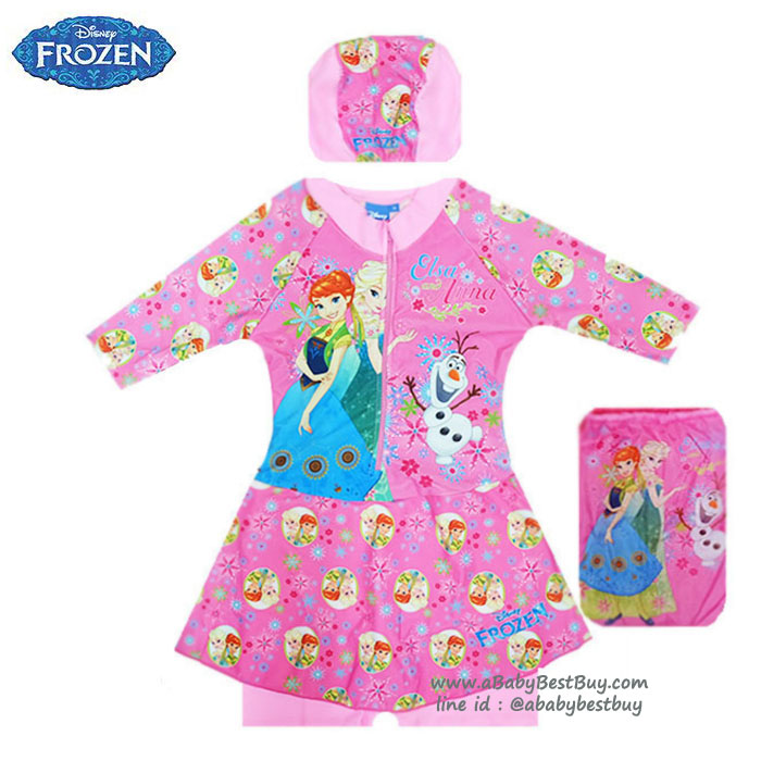 ฮ (size M) Swimsuit for Girls ชุดว่ายน้ำ เด็กผู้หญิง Disney Frozen บอดี้สูทเสื้อแขนยาว กระโปรงกางเกง สีชมพู สกรีนลาย เจ้าหญิง เอลซ่า โอลาฟ มาพร้อมหมวกว่ายน้ำและถุงผ้า สุดน่ารัก ใส่สบาย ดิสนีย์แท้ ลิขสิทธิ์แท้ (สำหรับเด็กอายุ 5-6 ปี)