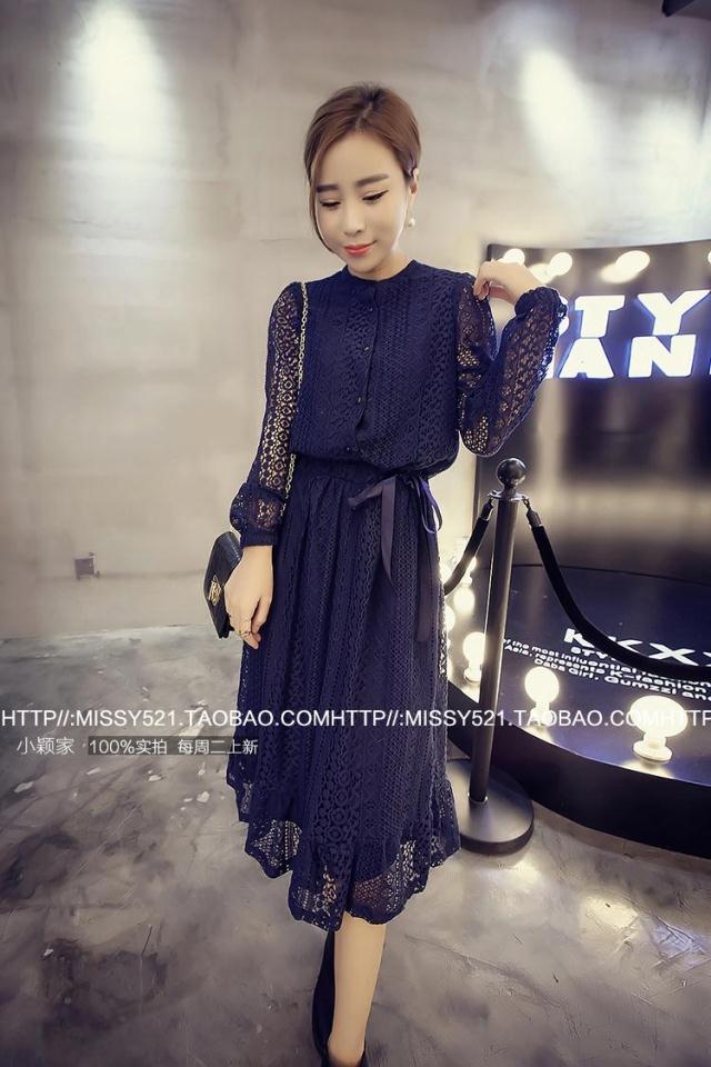 KTFN เดรส แฟชั่นลูกไม้ทั้งตัว เอวยางยืด มีซับใน สีกรม