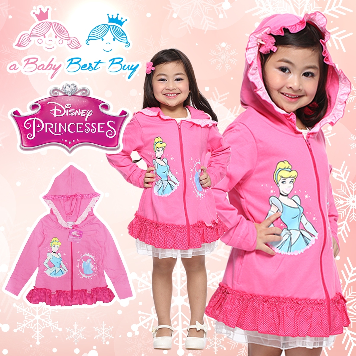 " ( S-M-L-XL" Jacket Disney Cinderella เสื้อแจ็คเก็ต เสื้อกันหนาวแขนยาว เด็กผู้หญิง สกรีนลายเจ้าหญิงซินเดอเรลล่า สีชมพู รูดซิป มีหมวก(ฮู้ด)ใส่คลุมกันหนาว กันแดด ใส่สบาย ดิสนีย์แท้ ลิขสิทธิ์แท้