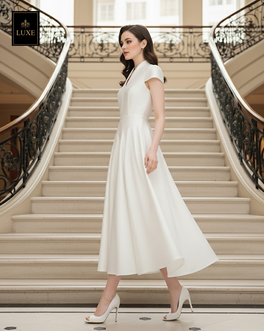 เดรสแฟชั่น เดรสเสื้อคอตั้ง แขนสั้น กระโปรงบาน