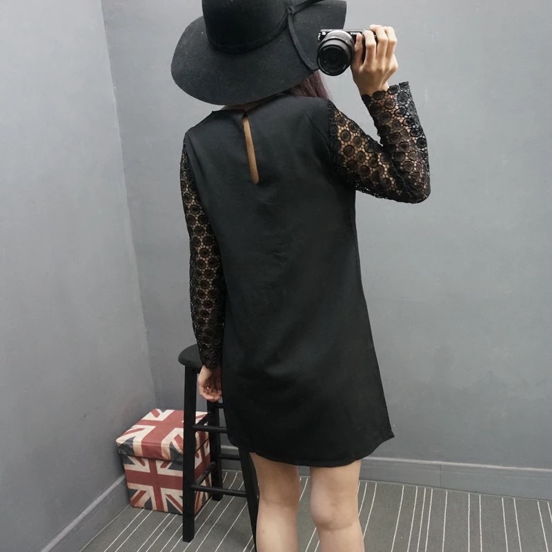 ชุดเดรส เดรสสั้น แขนแต่งลูกไม้ฉลุสีดำ แบรนด์เนม ESTHER งานผ้าชีฟองหนังไก่ เนื้อสวย หรูมากคะ Size S/M