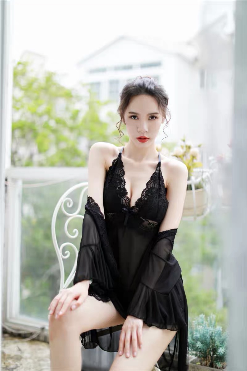 เซ็ทชุดคลุมนอน เซ็ดชุดนอน สายเดี่ยว+ชุดคลุมนอน ซีทรูสีนูทพีช แต่งลูกไม้ สวย หรู งาน เซ็กซี่มากๆคะ สำเนา