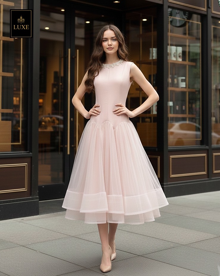 เดรสแฟชั่น เดรสเสื้อคอกลมแขนกุด กระโปรงบาน แต่งลูกปัดมุกรอบคอเสื้อ