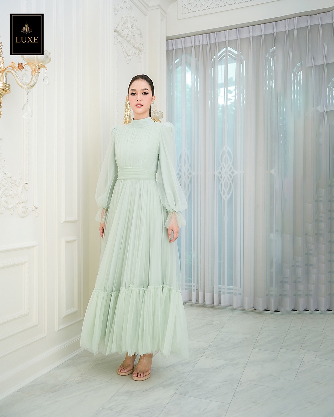 เดรสแฟชั่น แม็กซี่เดรสเสื้อคอปีนแขนยาว กระโปรงบานต่อชายรูดระบายรอบตัว