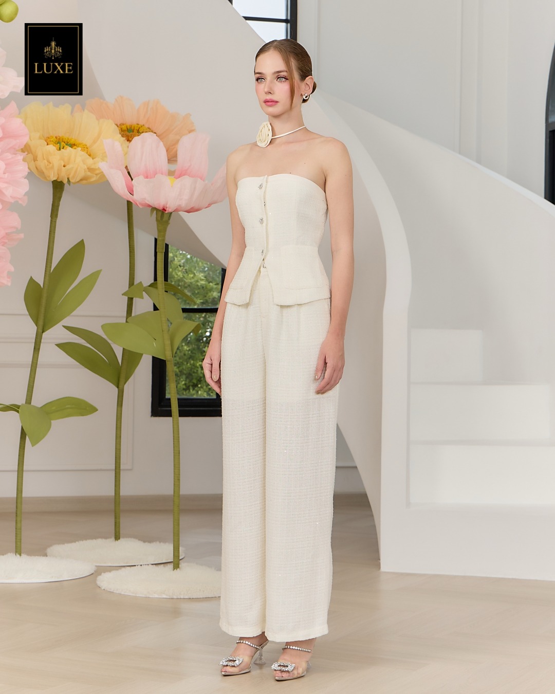 ชุดเซทแฟชั่น เซ็ตเสื้อเกาะอกทรงหลวม+กางเกงเอวสูงขากระบอกกว้าง