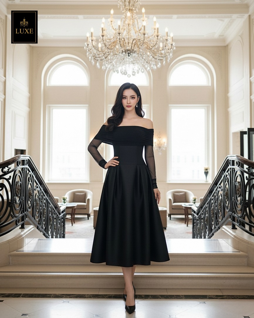 เดรสแฟชั่น เดรสเสื้อแขนยาวเปิดไหล่ กระโปรงยาวคลุมเข่า แขนเสื้อซีทรู