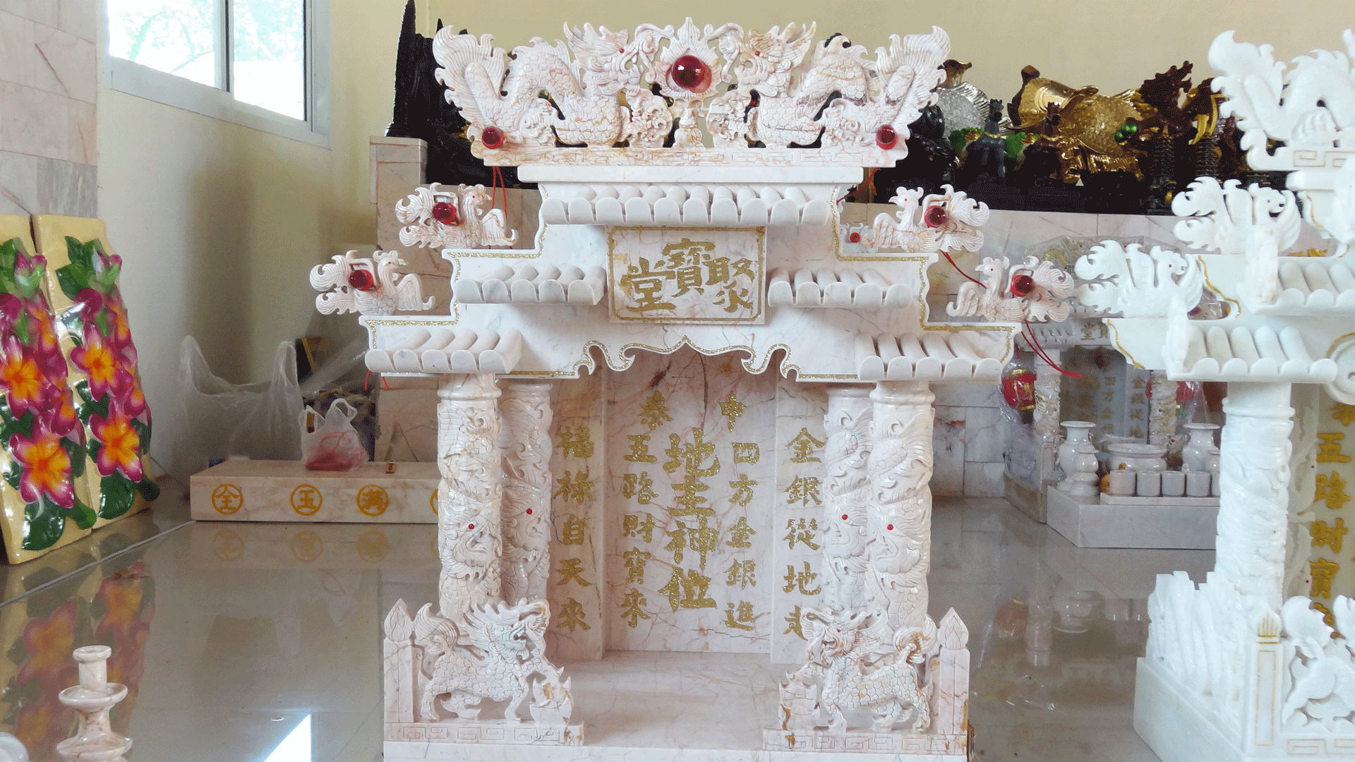 ศาลเจ้าที่หินอ่อน (ตี่จู้หินอ่อน ตี่จู้เอี๊ยะ) 24นิ้ว(รุ่นเศรษฐี) 4 เสา 5 หลังคา 4หงส์ 6มังกร หินสีชมพูลาย