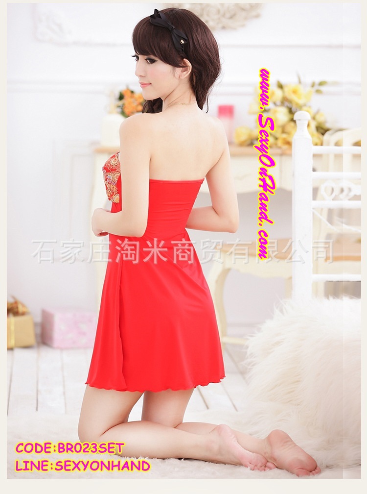 เซ็ทชุดนอน ชุดคลุมนอนเซ็กซี่ เซ็ทชุดนอน สายเดี่ยว ซีทรู สไตล์กี่เพ้าจีน สีแดงสด ตัวใน :เกาะอกซีทรู สีแดงสดแต่งปักลูกไม้จีนช่วงอก