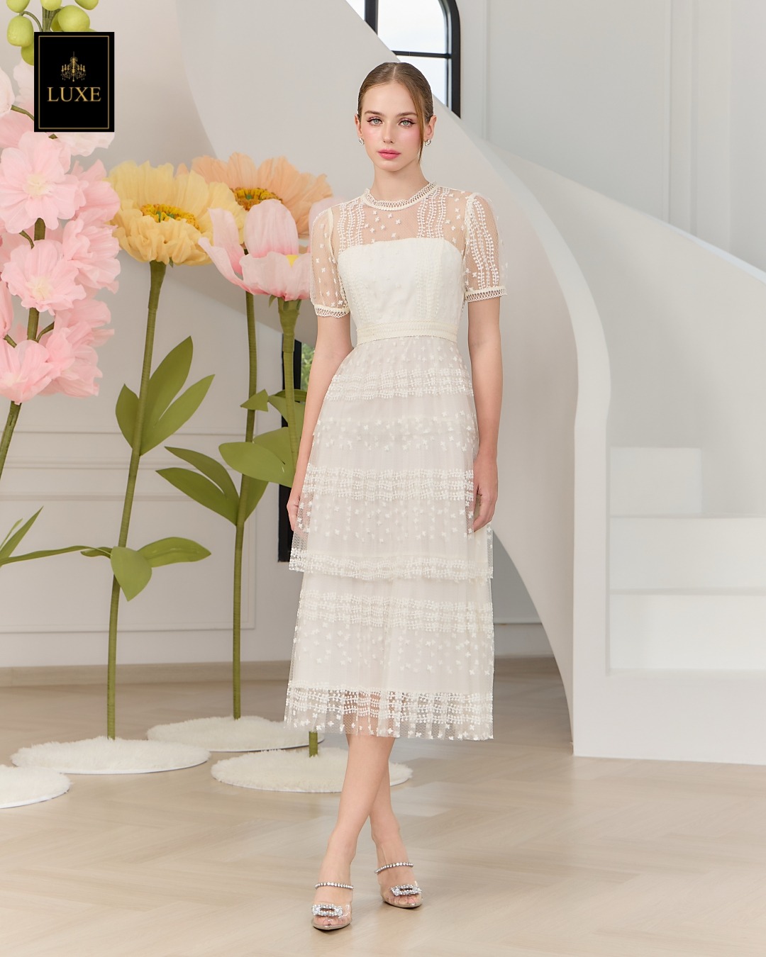 เดรสแฟชั่น เดรสเสื้อคอกลมแขนสั้น กระโปรงอัดพลีท3ชั้น