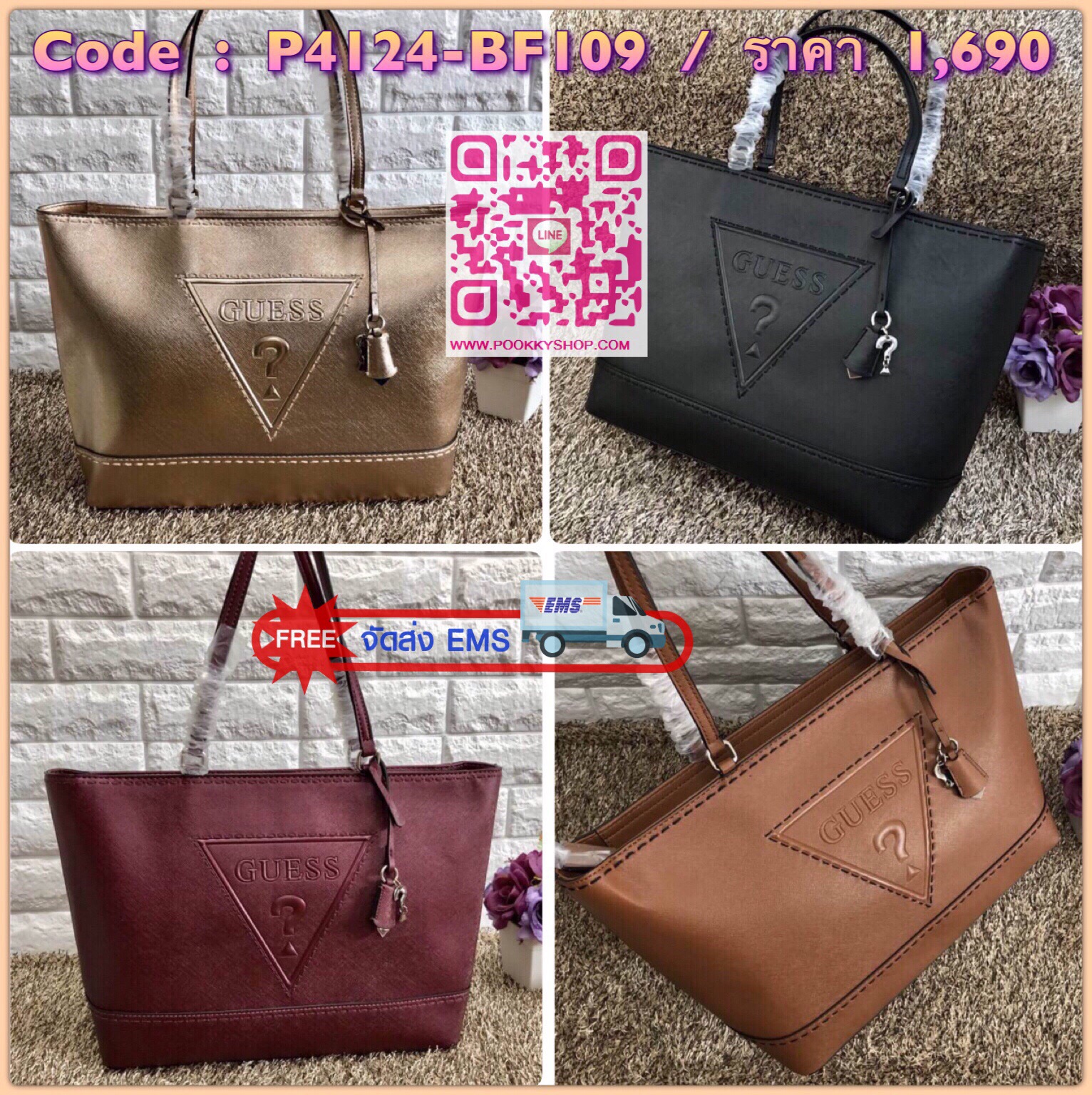 New arrival !!! GUESS BALDWINPARK LARGE TOTE BAG พร้อมส่งค่ะ!!! กระเป๋าทรง Tote size::L วัสดุหนังซาฟเฟียโน่อย่างดี หนังนิ่มมือ น้ำหนักเบาค่ะ!!!! ด้านหน้าปั้มโลโก้แบรนด์แบบ3D ห้อยพวงหนังมีอะไหล่แบรนด์ยาวลงมา หรูมากค่ะ ตัวกระเป๋าเพิ่มดีเทล เย็บด้ายเส้นใหญ่ม