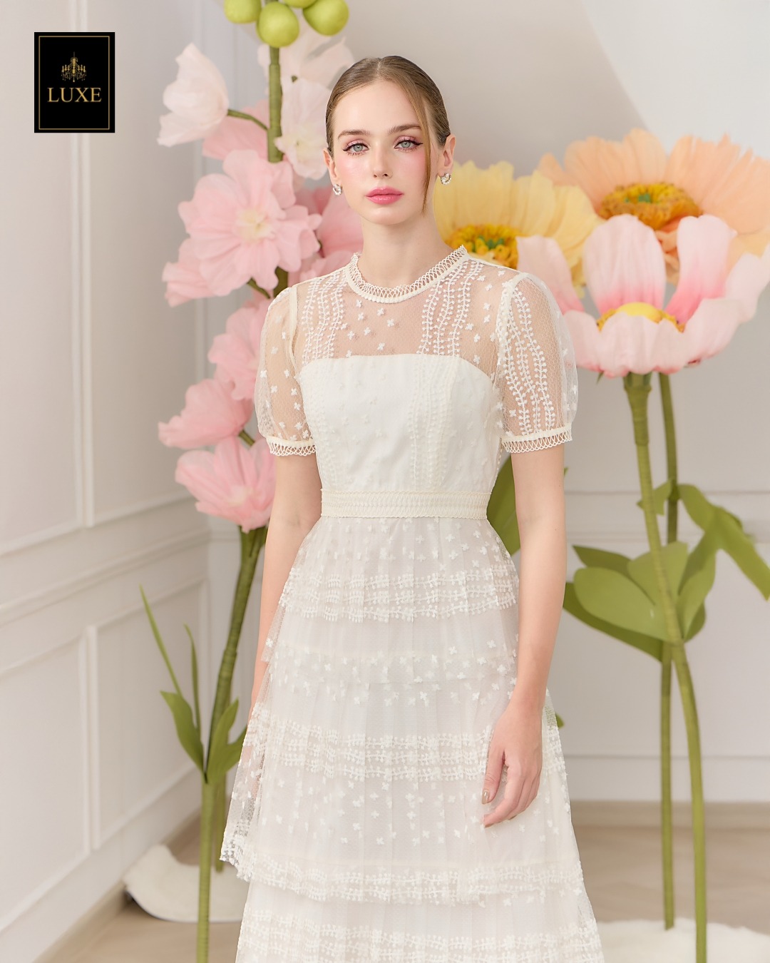 เดรสแฟชั่น เดรสเสื้อคอกลมแขนสั้น กระโปรงอัดพลีท3ชั้น