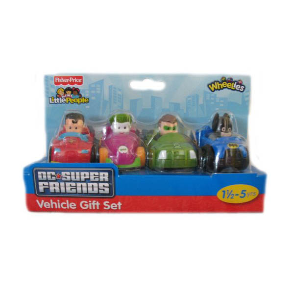 z Fisher Price Little People DC Super Friends Wheelies 4 Vehicle Gift Set