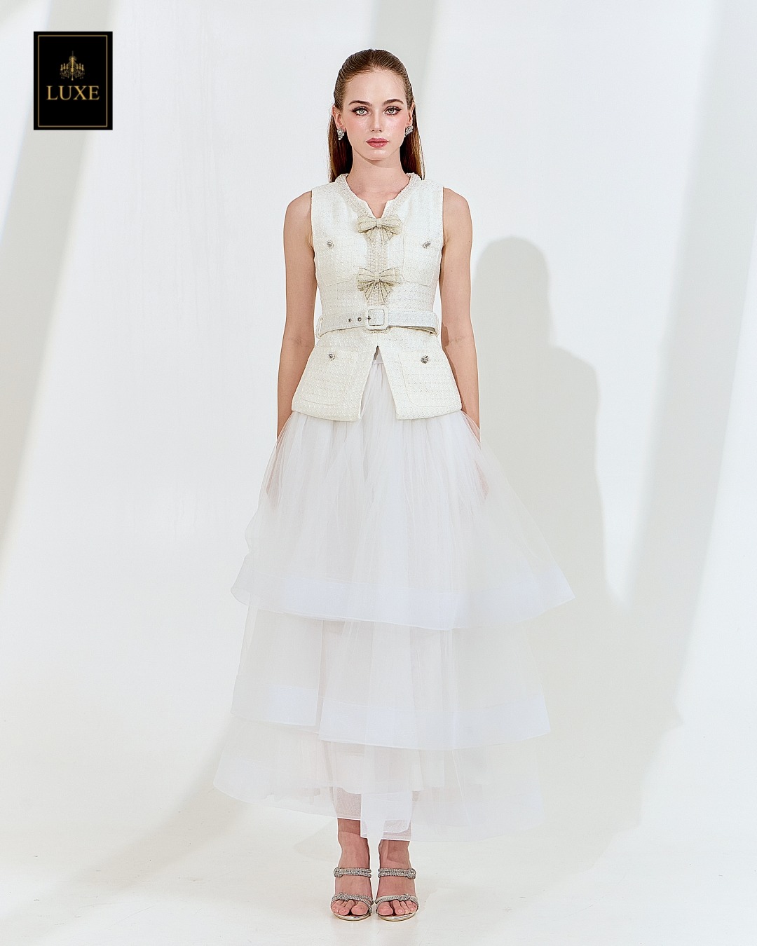 กระโปรงแฟชั่น กระโปรงยาว ดีเทลผ้าระบายวงกลมซ้อนกัน 3 ชั้น