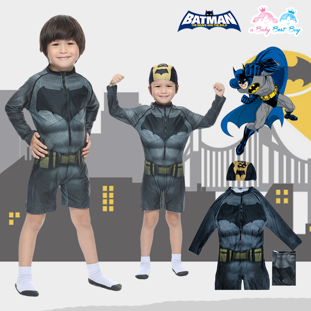 "( For Kids ) Swimsuit for Boys ชุดว่ายน้ำเด็กผู้ชาย Batman ชุดว่ายน้ำบอดี้สูท เสื้อแขนยาว กางเกงขาสั้น ซิบหน้า ลาย Bat Man มาพร้อมหมวกว่ายน้ำและถุงผ้า สุดเท่ห์ ใส่สบาย ลิขสิทธิ์แท้(สำหรับเด็กอายุ 6เดือน-14 ปี)