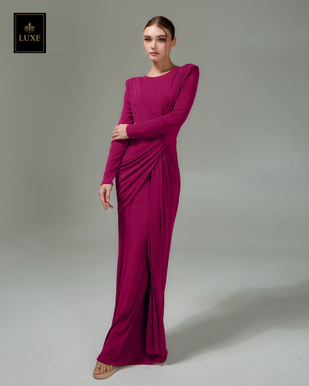 เดรสแฟชั่น แม็กซี่เดรสเสื้อคอกลมแขนยาว เสริมไหล่ กระโปรงยาวคลุมข้อเท้า