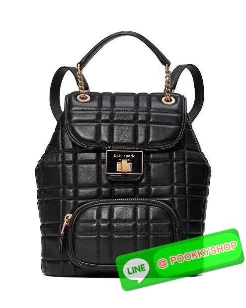 KATE SPADE NEW YORK Evelyn Small Quilted Leather Backpack กระเป๋าเป้สะพายหลังไซต์เล็กสุดคิ้ว หนังนิ่มสุดๆเย็บลวดลายตารางทั้งใบ ด้านหน้าตกแต่งต้วยชื่อแบรนด์ มีช่องเล็ก 1 ช่อง เปิด-ปิดกระเป๋าด้วยตัวล็อค ด้านในตัวกระเป๋าโล่งกว้าง จุของได้เยอะ และมีช่องซิปใส่