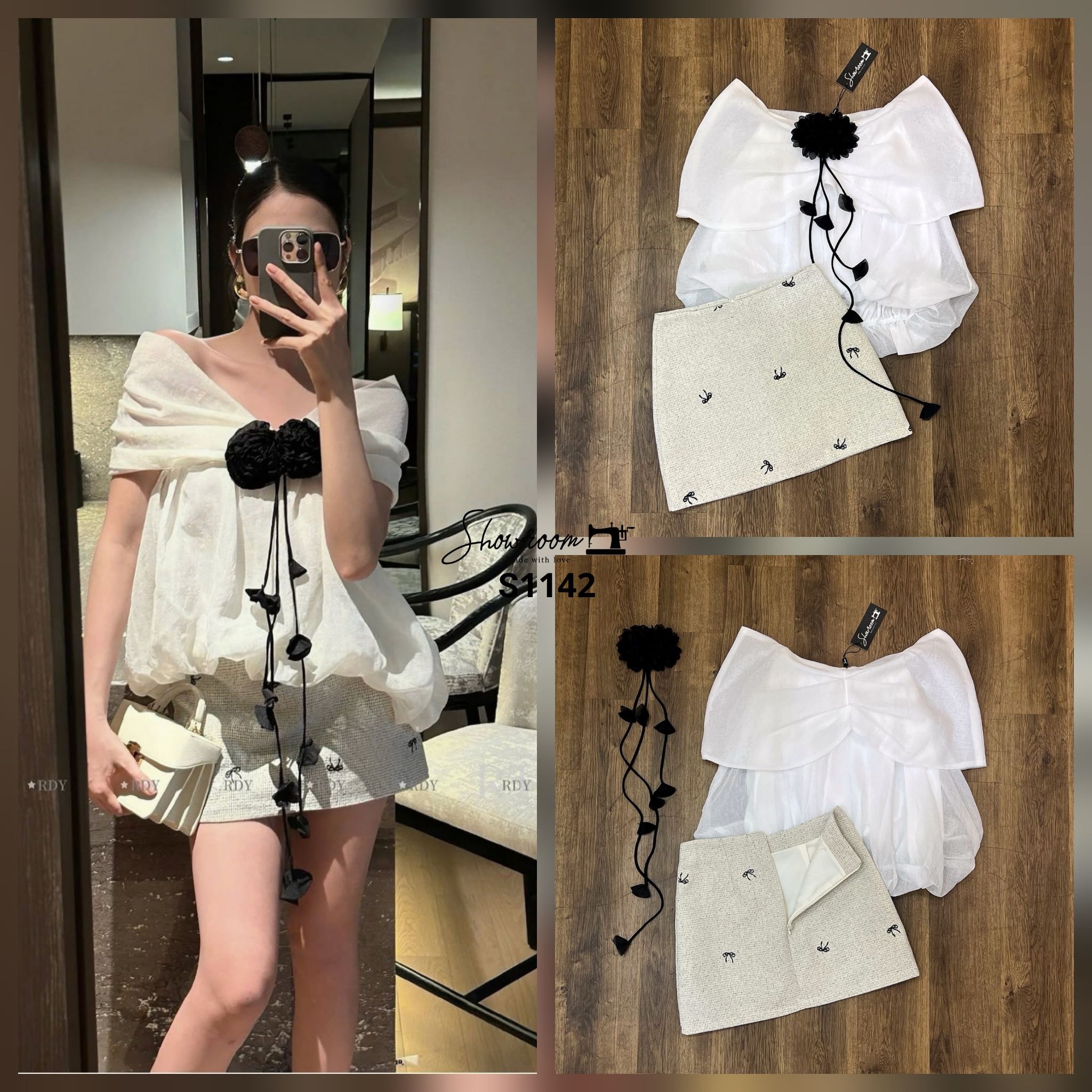 ชุดเซทแฟชั่น เซ็ตเสื้อเกาะทรงบอลลูน มาพร้อม accessories ดอกไม้สีดำประดับชุดดูมีดีเทล