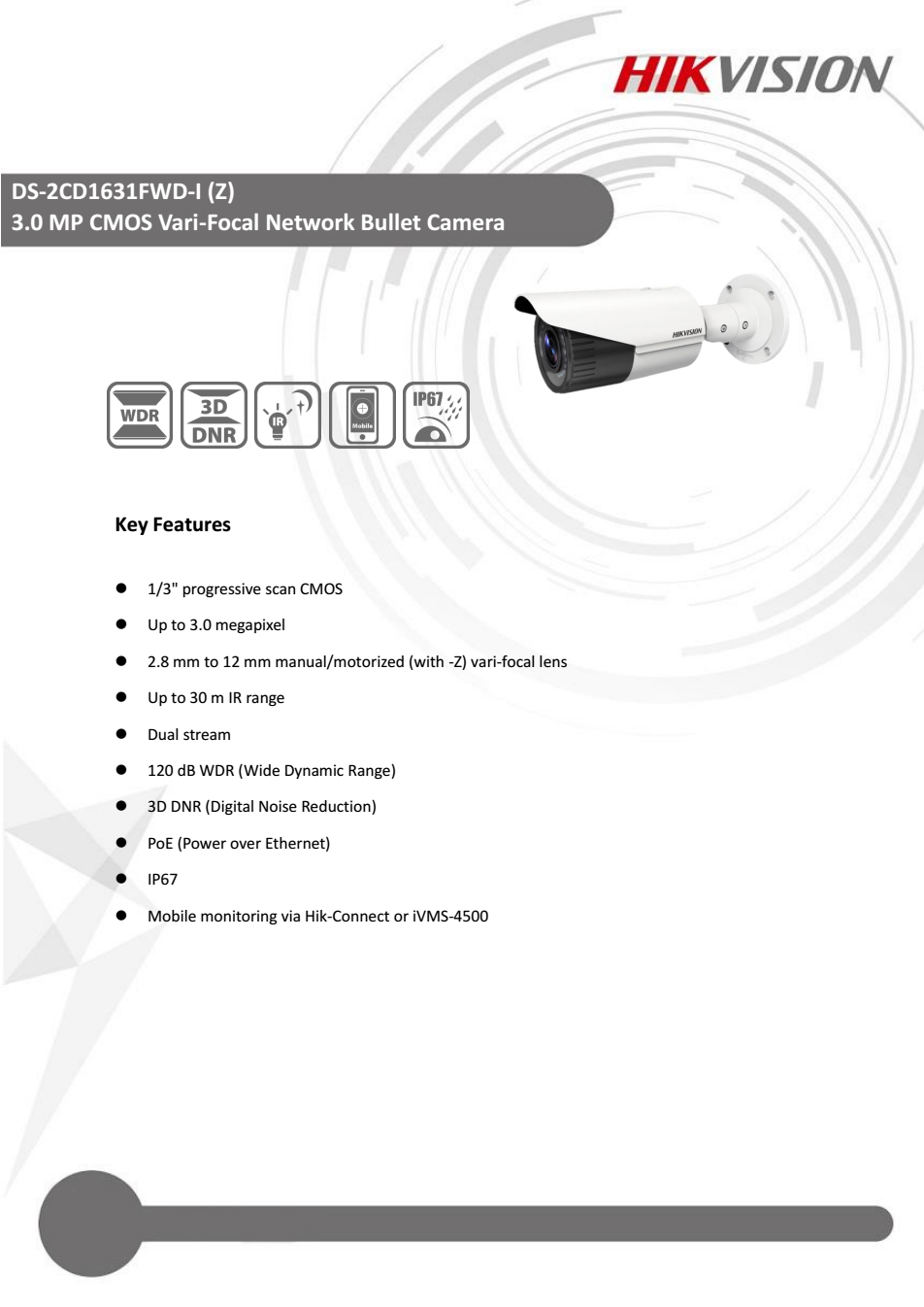 Hikvision DS-2CD1631FWD-IZ 3MP WDR Motorized VF lens Bullet Network Camera