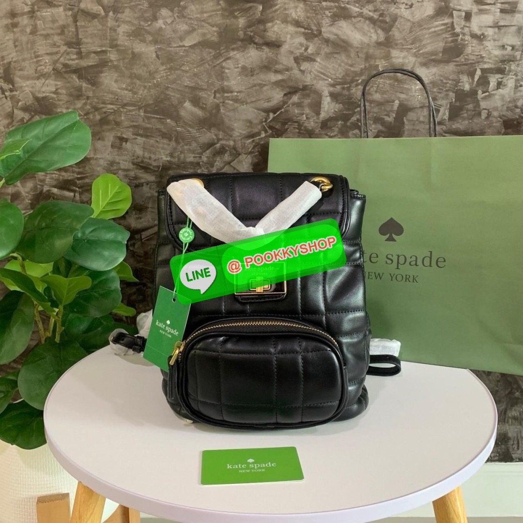 KATE SPADE NEW YORK Evelyn Small Quilted Leather Backpack กระเป๋าเป้สะพายหลังไซต์เล็กสุดคิ้ว หนังนิ่มสุดๆเย็บลวดลายตารางทั้งใบ ด้านหน้าตกแต่งต้วยชื่อแบรนด์ มีช่องเล็ก 1 ช่อง เปิด-ปิดกระเป๋าด้วยตัวล็อค ด้านในตัวกระเป๋าโล่งกว้าง จุของได้เยอะ และมีช่องซิปใส่