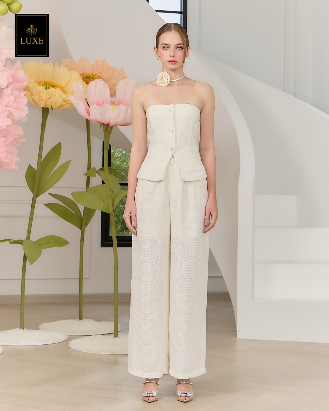 ชุดเซทแฟชั่น เซ็ตเสื้อเกาะอกทรงหลวม+กางเกงเอวสูงขากระบอกกว้าง