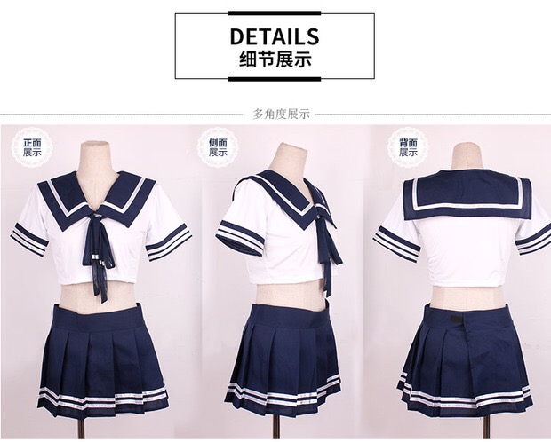 คอสเพลย์ แฟนซี ชุดนักเรียนญี่ปุ่น เซ็กซี่ เอวลอย ปกทหารเรือ ปกเนตรนารีแต่งขลิบ และริบบิ้นผูกด้านหน้า กระโปรงอัดกลีบสีน้ำเงินกรมท่า แต่งขลิบชาย แบบเซ็กซี่ สุดๆไปเลยจร้า