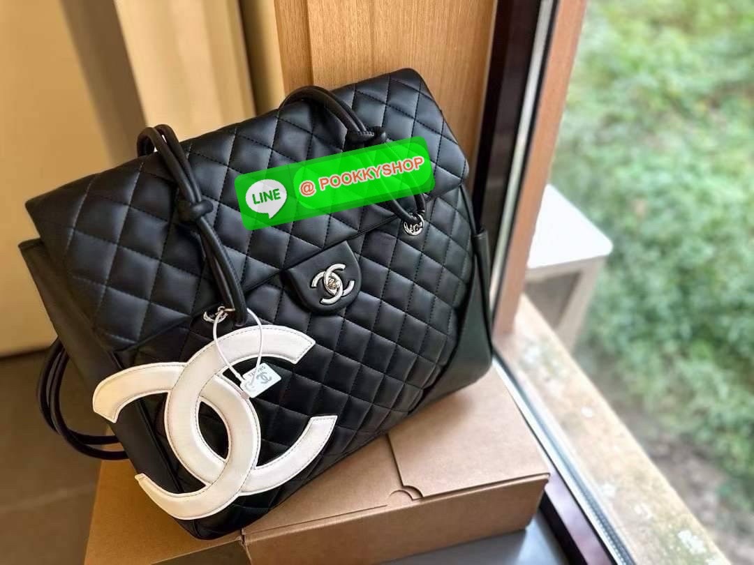 CHANEL Black Lambskin Leather Cambon Handbag Limited Edition White CC Logo RARE