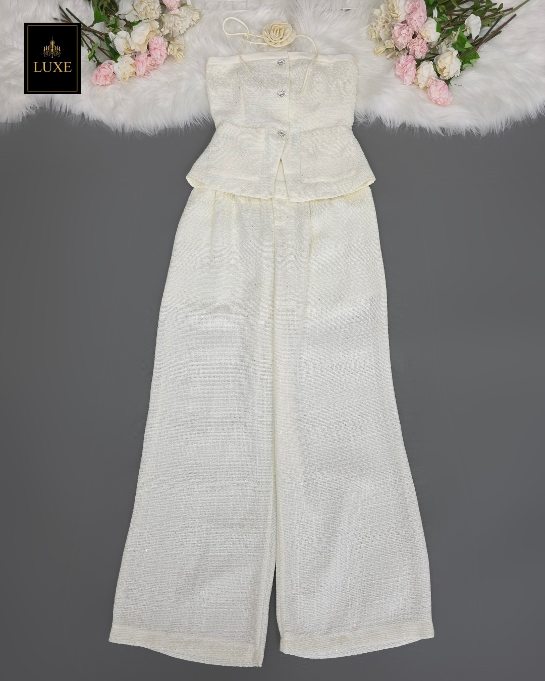 ชุดเซทแฟชั่น เซ็ตเสื้อเกาะอกทรงหลวม+กางเกงเอวสูงขากระบอกกว้าง