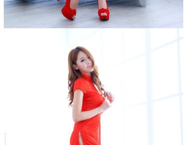 ชุดกี่เพ้า ชุดจีน สาวหมวย เซ็กซี่ สีแดง แต่งซีทรูช่วงอก สวยเปรี้ยว มากคะ