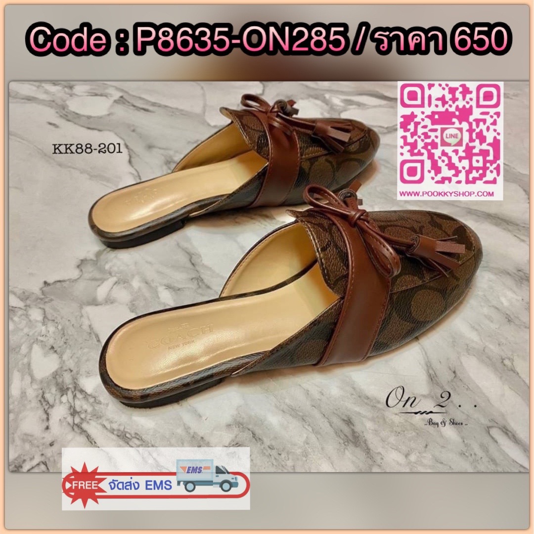 Coach shoes รองเท้าคัชชูเปิดส้น coach หนังสวยลาย C SIGNATURE CANVAS พื้นนิ่มปั้มแบรนด์หน้าประดับโบว์งานสวยตามแบบเป๊ะค่ะ