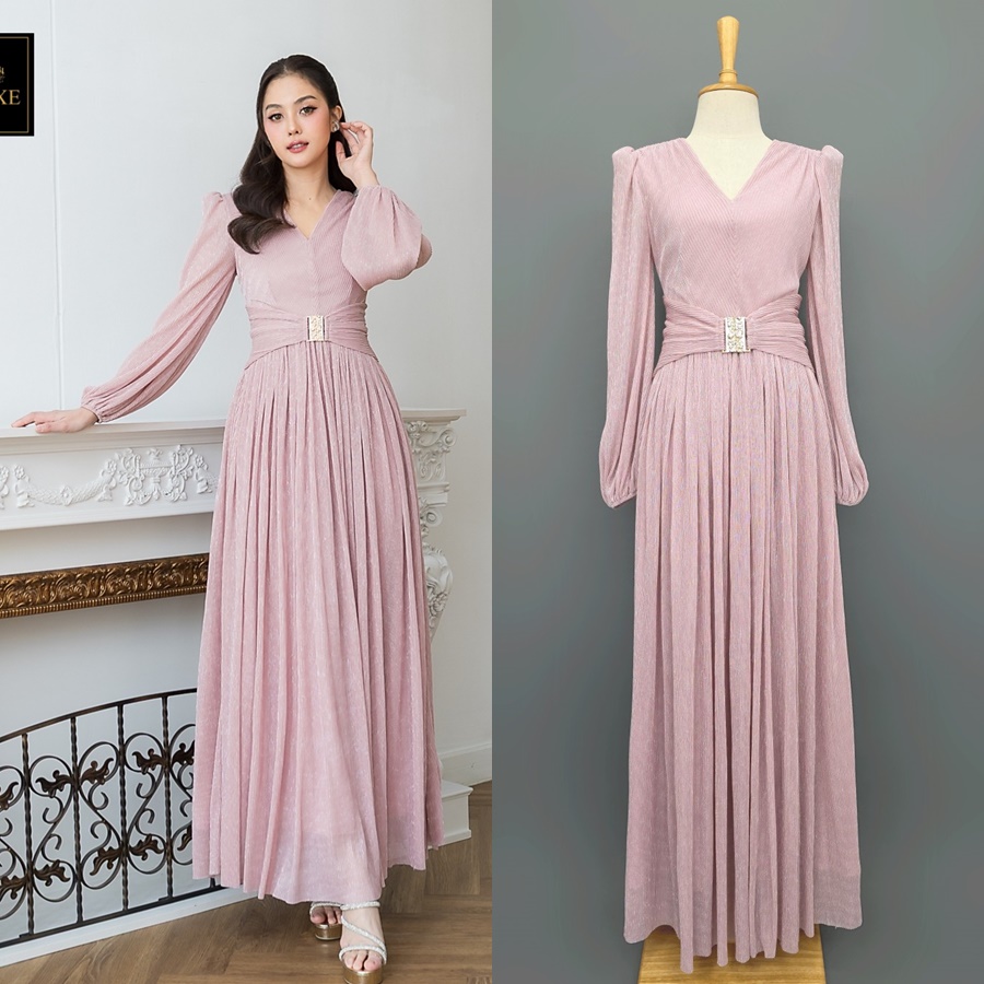 เดรสแฟชั่น แม็กซี่เดรสเสื้อคอวีแขนยาว กระโปรงจีบรูดรอบตัว