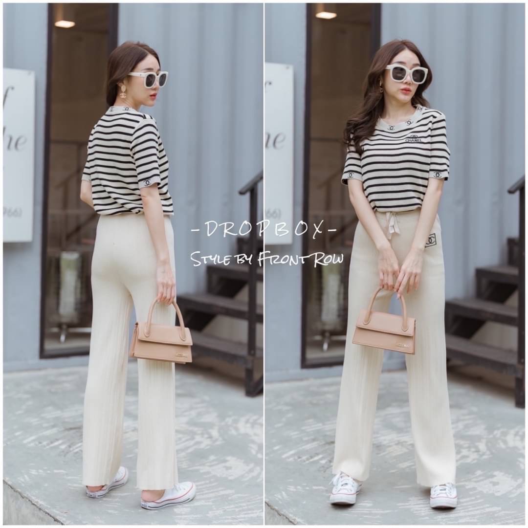 DROPBOX Style by Front Row CC Knitting Set มาคะสาวๆ เซ็ตไหมพรมเสื้อเเขนสั้นทอลายริ้ว และมีโลโก้ cc มาคู่กับกางเกงไหมพรมสีพื้นผ้าร่อง ใส่มาดูสวยแพงมากๆ