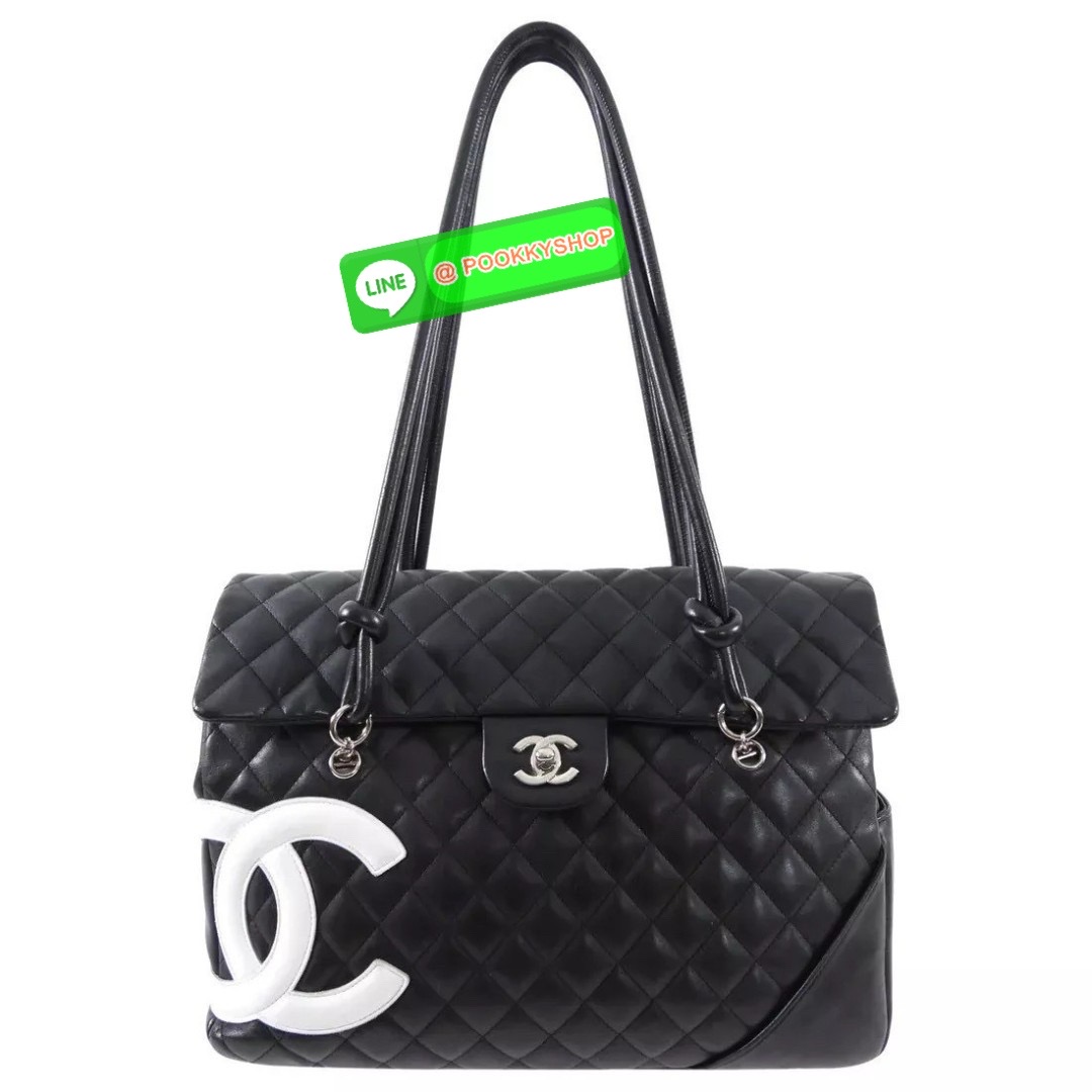 CHANEL Black Lambskin Leather Cambon Handbag Limited Edition White CC Logo RARE