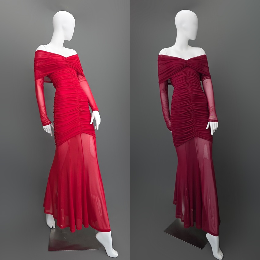 เดรสแฟชั่น แม็กซี่เดรส เสื้อแขนยาวเปิดไหล่ ดีเทลจับเดรป