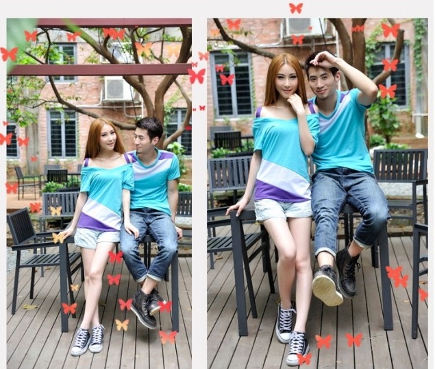 เสื้อคู่รัก ชายหญิง สีฟ้าตัดต่อเทาม่วง Korean version couple shirt personality