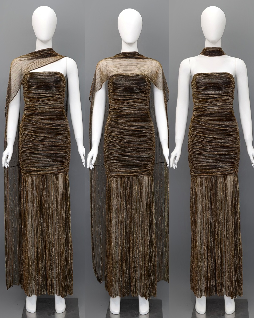 เดรสแฟชั่น เดรสเสื้อเกาะอกทรงเข้ารูป กระโปรงต่อชายระบาย ผ่าหน้า มาพร้อมผ้า mmคลุมไหล่