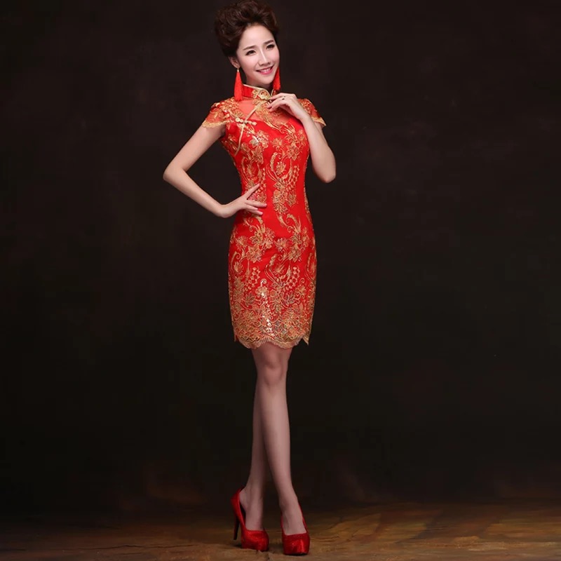 ชุดกี่เพ้า ประยุกต์ ชุดเดรส กี่เพ้าจีนประยุกต์สีแดง แต่งเลื่อมปักดิ้นทอง แพทเทินสวย งานเนี๊ยบหรู มากคะ Size S