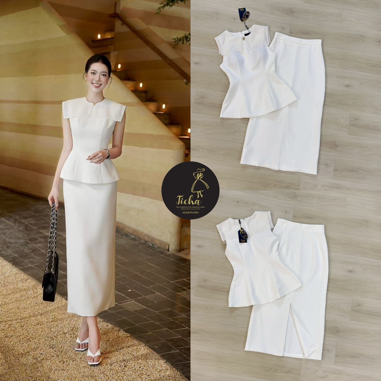 ชุดเซทแฟชั่นSet 2 ชิ้น เสื้อ+ กระโปรงยาว เสื้อแขนกุดสีขาวมีปกเสื้อแบบมีเท็กซ์เจอร์และแต่งอ่ะไหล่สีทอง