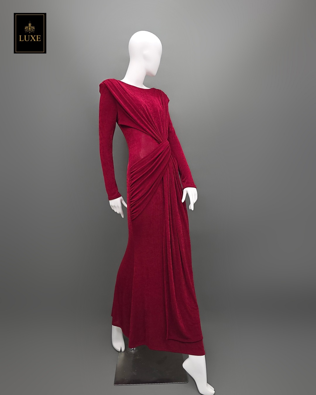 เดรสแฟชั่น แม็กซี่เดรสเสื้อคอกลมแขนยาว เสริมไหล่ กระโปรงยาวคลุมข้อเท้า