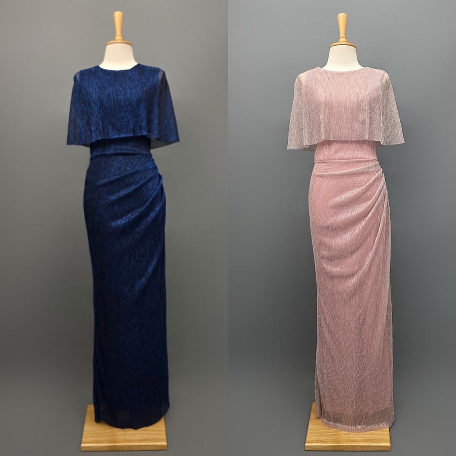 เดรสแฟชั่น เดรสเสื้อคอกลมแขนกุด ดีเทลเป็นเสื้อคลุมไหล่ในตัว กระโปรงทรงสอบจับเดรป