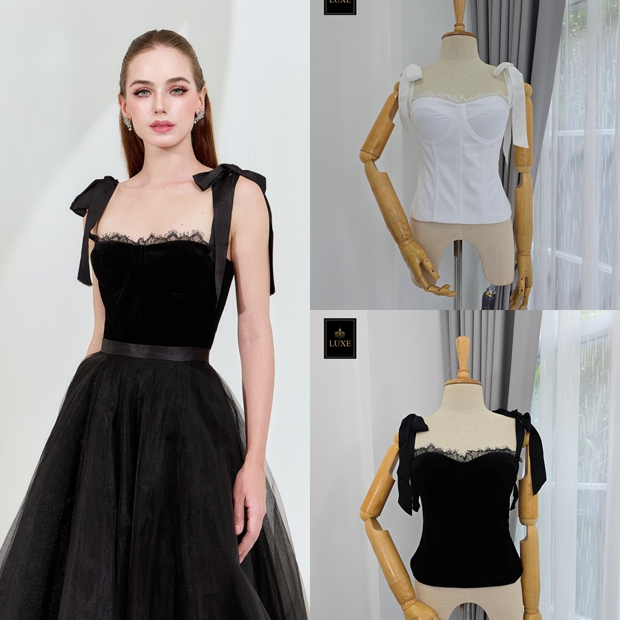 เสื้อแฟชั่น เสื้อสายเดี่ยวสไตล์คอร์เซ็ตบรา ผ้ากำมะหยี่เนื้อนุ่มยืดหยุ่น มีโครงทั้งเก็บและดันทรงสวย