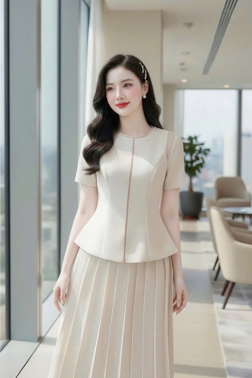 ชุดเซทแฟชั่น Set 2ชิ้น เสื้อ+กระโปรงยาว เสื้อแขนสั้นสีครีมคอกลมแต่งกุ้นสีน้ำตาลช่วงคอและตัวเสื้อ