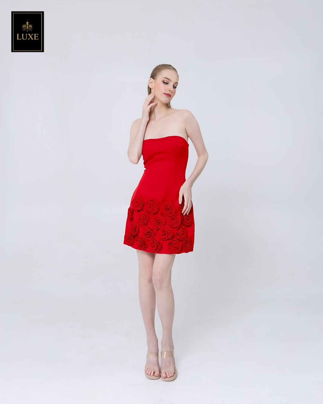 เดรสแฟชั่น เดรสเสื้อเกาะอก กระโปรงทรงเอ ทำจากผ้าฝ้ายผสมโพลีเอสเตอร์ เนื้อนุ่มยืดหยุ่น ใส่สบาย