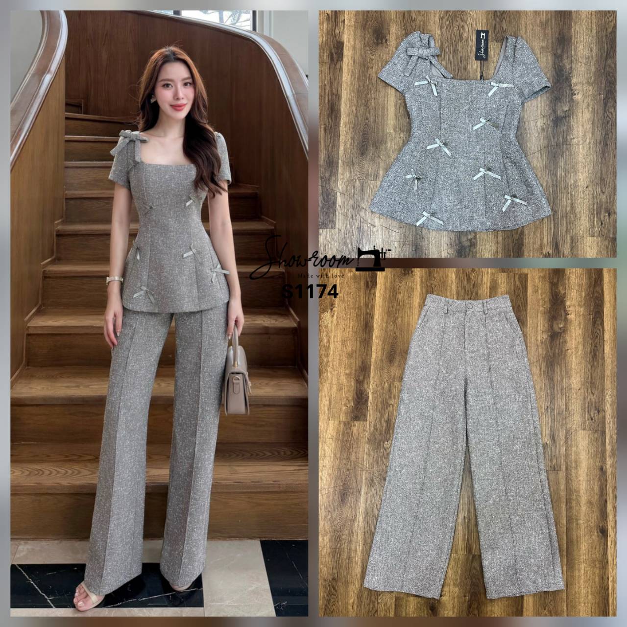 ชุดเซทแฟชั่น เซ็ตเสื้อแขนสั้น คอเหลี่ยม แต่งโบว์ มาพร้อมกางเกงขายาวทรงสวยเข้าเซ็ต