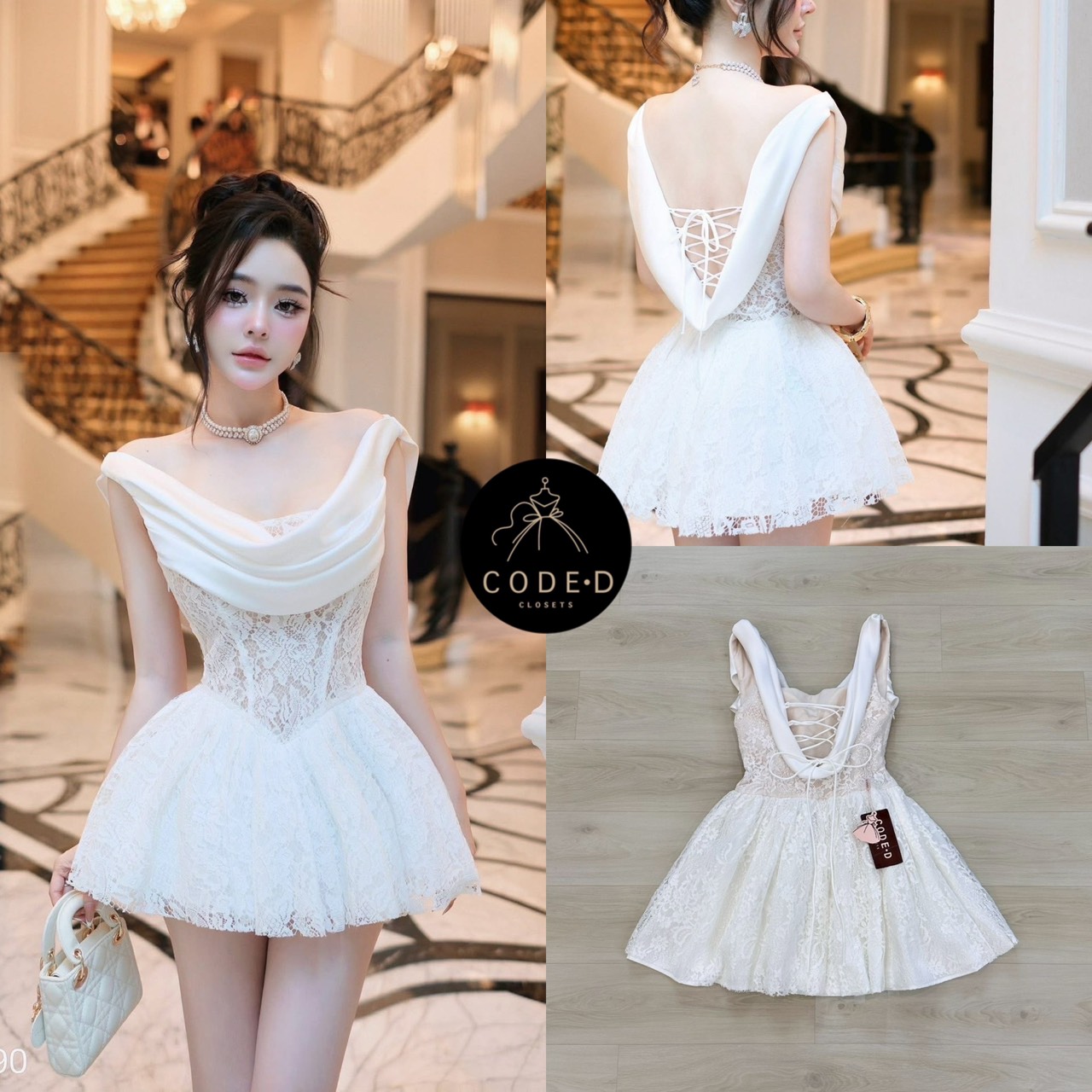 เดรสแฟชั่น มินิเดรสลูกไม้สีขาว คอถ่วงด้านหน้าตกแต่งด้วยผ้าซาติน